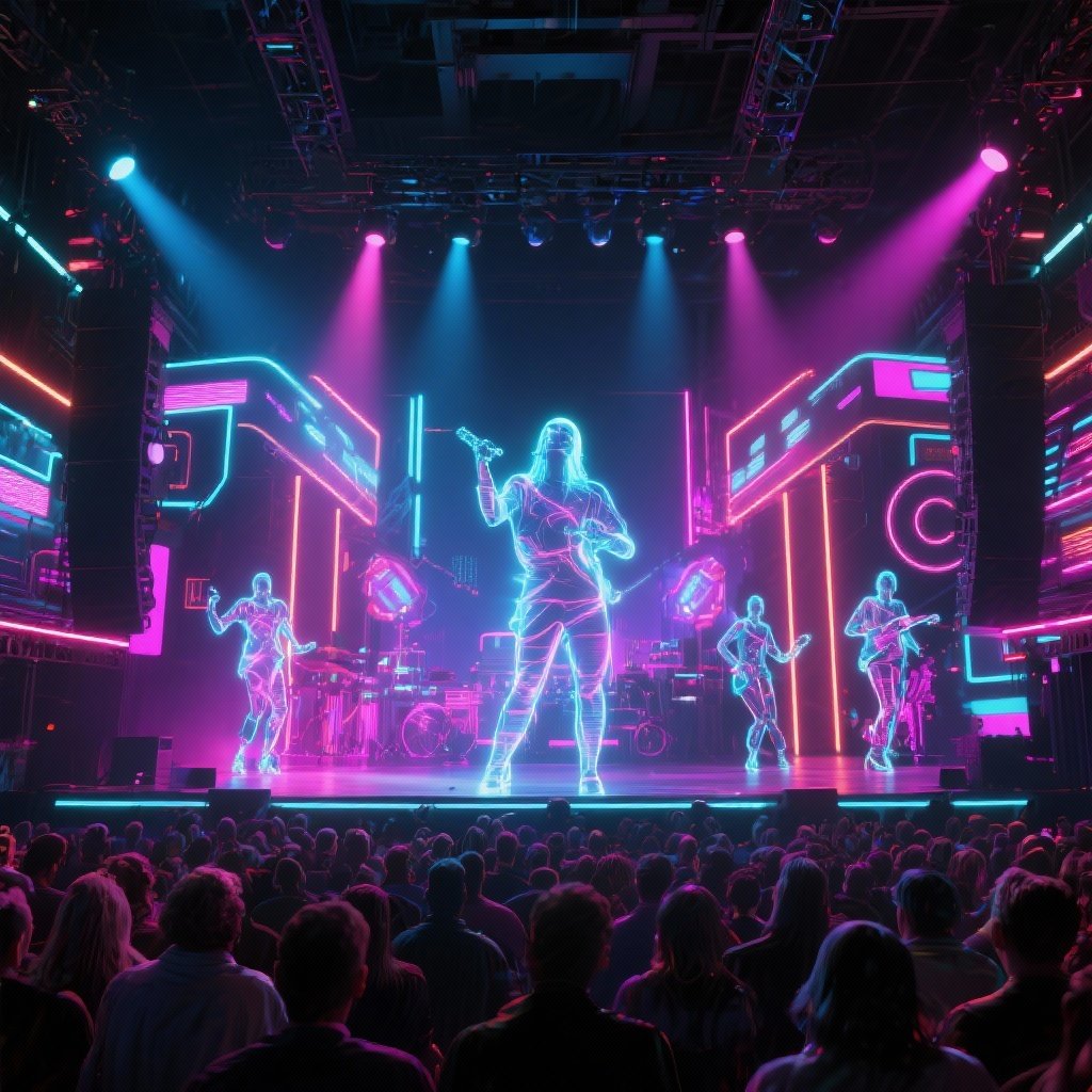 Futuristic Stage with Holographic Performers, Glowing Effects, Digital Audience
